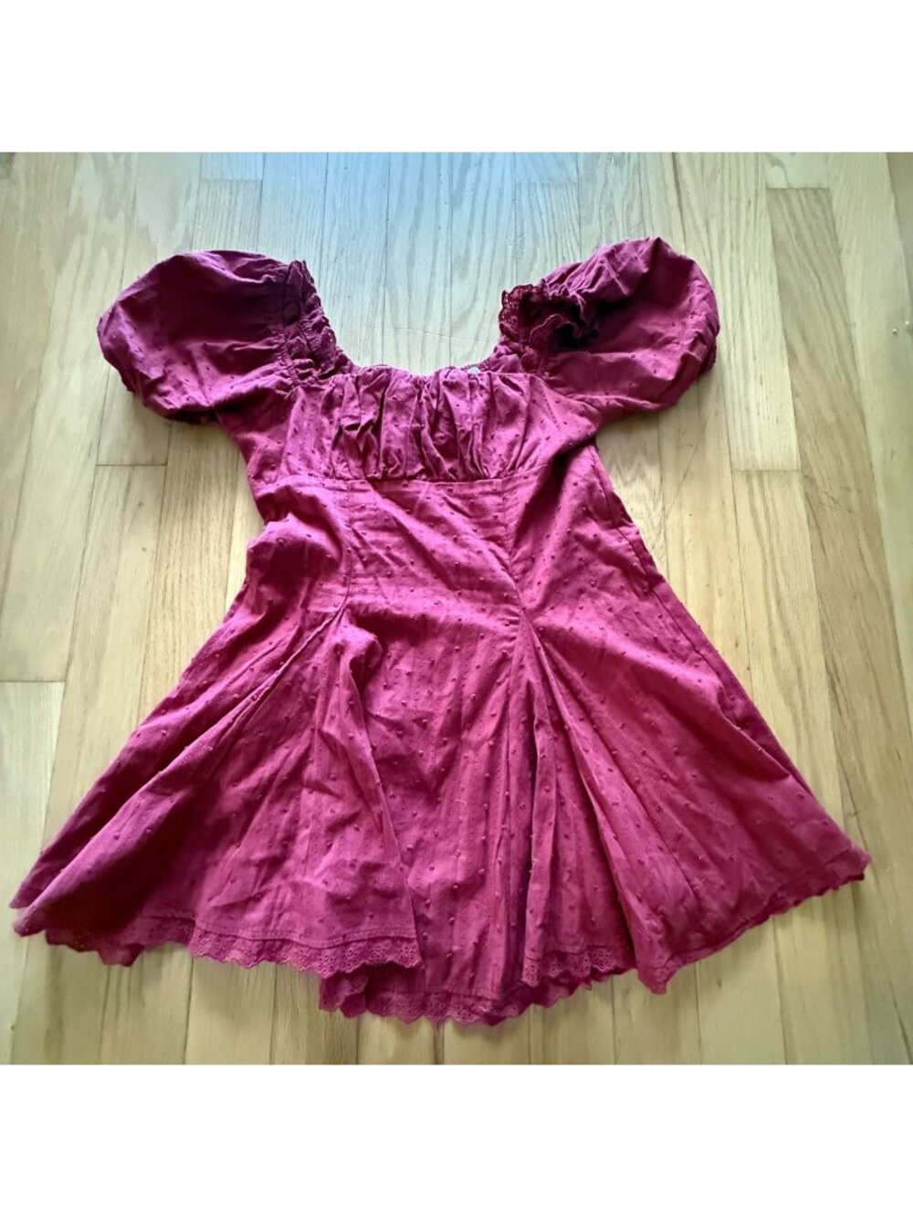 Frille Burgundy Swiss Dot Puff-Sleeve Mini Dress